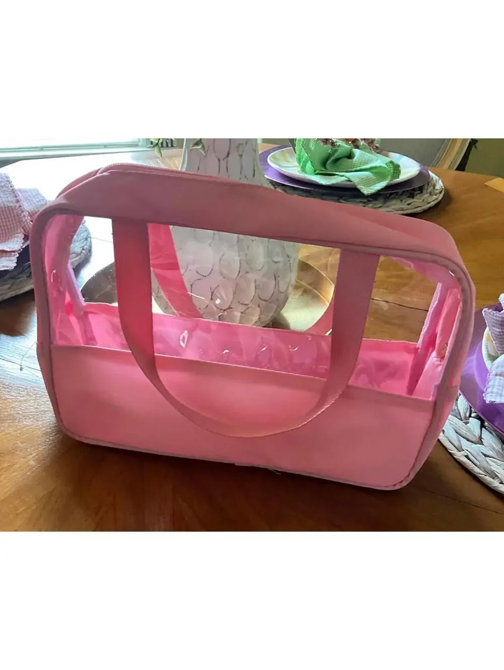 Travel Cosmetic/Toiletry Bag Pink Canvas Chenille Letter Patch NWT